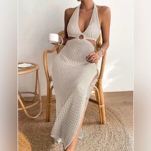 (L) beige Halter crochet knit o-ring Tie Backless Split Thigh Cover Up Dress